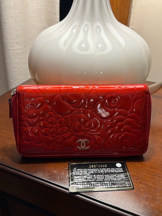 CHANEL Handbags - CHANEL Red Camellia Quilted Patent Zip Wallet